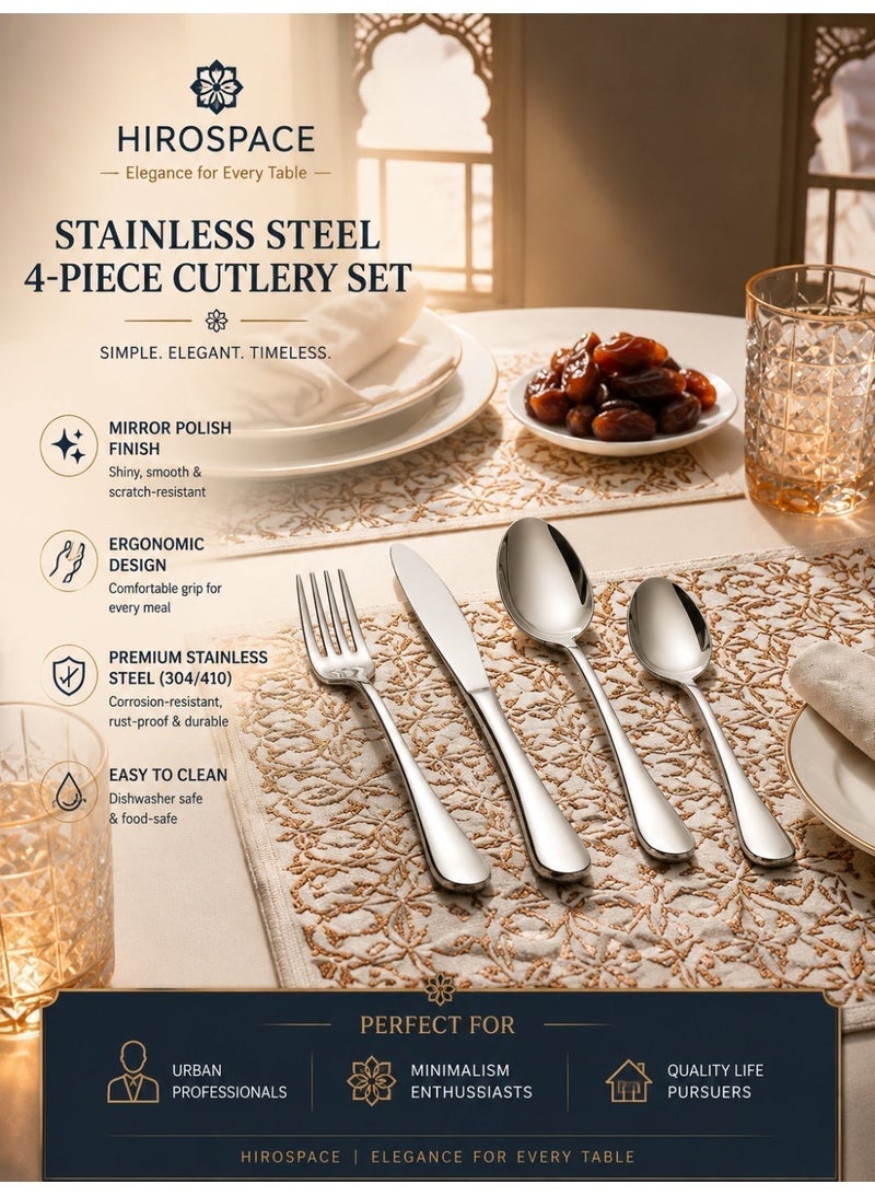 Hirospace 4 Piece Stainless Steel Silverware Set, Heavy Duty Flatware for 1 Person, Mirror Polished Cutlery Utensils with Knife, Rust Resistant & Dishwasher Safe Tableware Set - Image 5