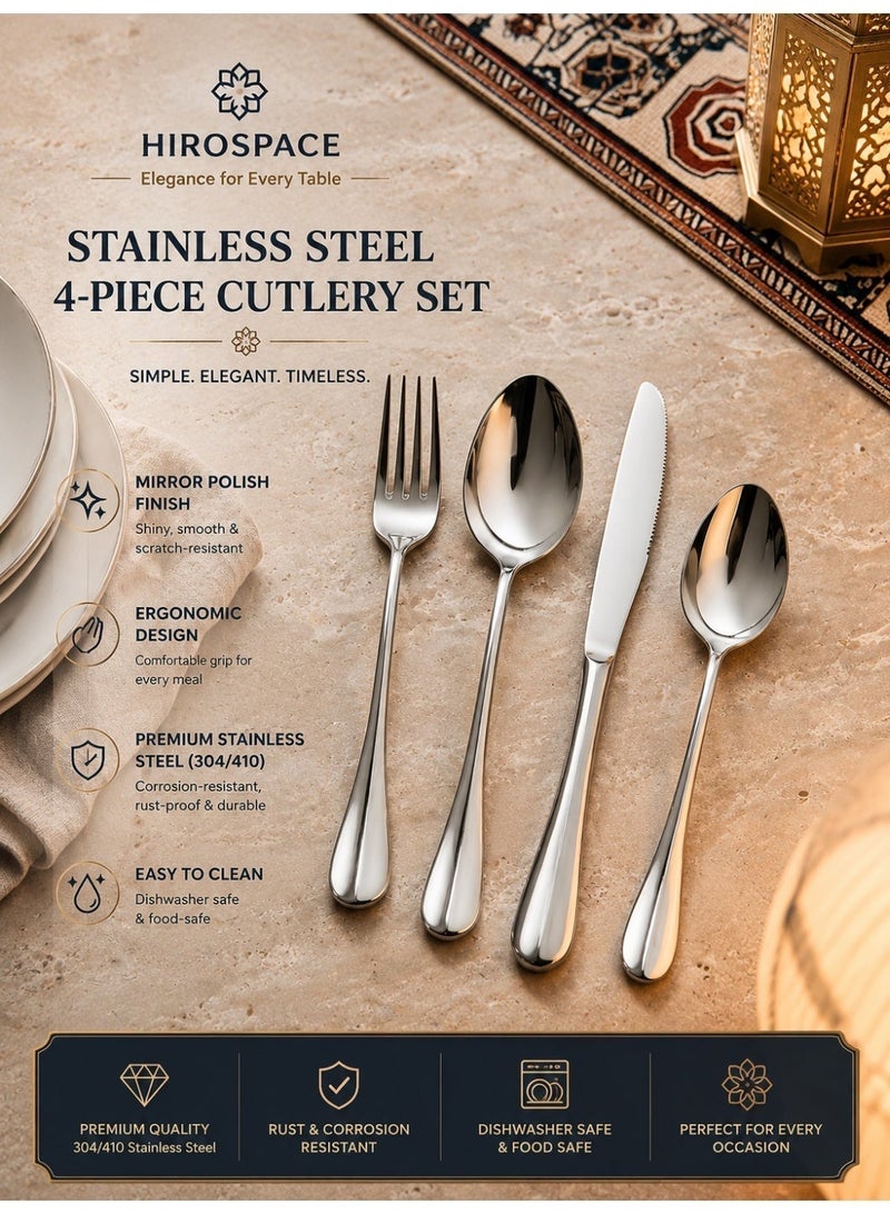Hirospace 4 Piece Stainless Steel Silverware Set, Heavy Duty Flatware for 1 Person, Mirror Polished Cutlery Utensils with Knife, Rust Resistant & Dishwasher Safe Tableware Set - Image 4