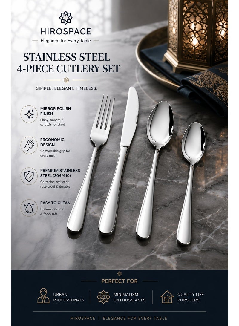 Hirospace 4 Piece Stainless Steel Silverware Set, Heavy Duty Flatware for 1 Person, Mirror Polished Cutlery Utensils with Knife, Rust Resistant & Dishwasher Safe Tableware Set - Image 3