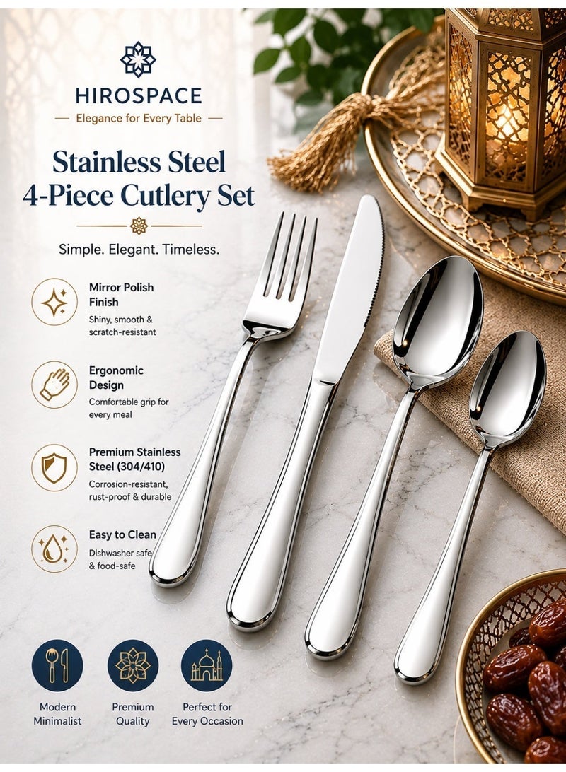 Hirospace 4 Piece Stainless Steel Silverware Set, Heavy Duty Flatware for 1 Person, Mirror Polished Cutlery Utensils with Knife, Rust Resistant & Dishwasher Safe Tableware Set - Image 1