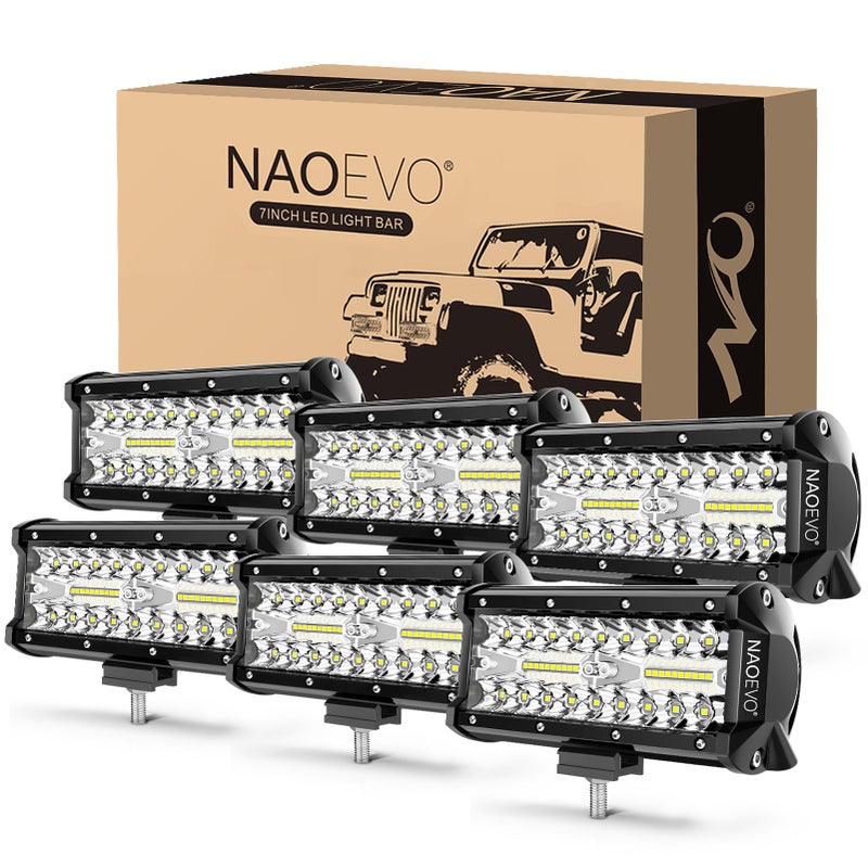 شريط إضاءة LED NAOEVO 7 بوصة 720 واط 72000 لومن للأضواء الضبابية والقيادة على الطرق الوعرة مع شعاع مزيج بقعة و فيض مقاوم للماء لأضواء العمل LED للشاحنات والقوارب و ATV و UTV 6 قطع بيضاء