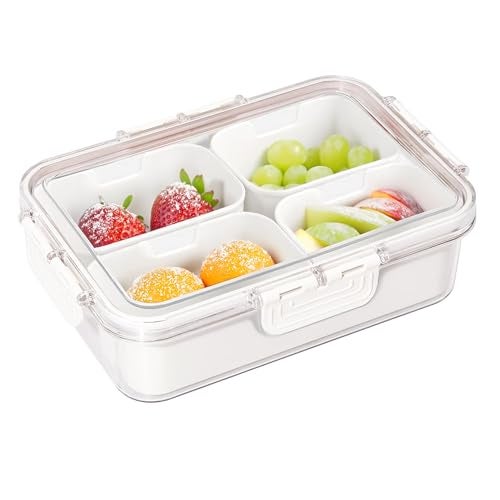 PRIME PICK Plastic 4 Compartment Storage Snack Platters Airtight With Lid, Snackle Box Refrigerator Storage Box Fresh-Keeping Fruit Boxes For Snack, Fruit, Veggie, Candies, White - Image 1