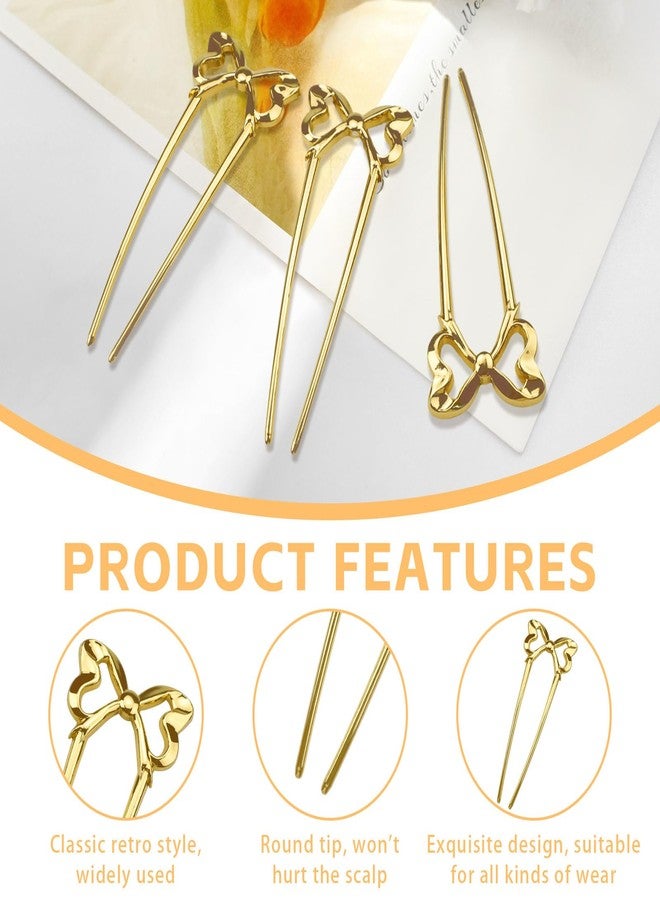 Yitexin 3 Pieces Bow Shape French Twist Hair Pin, Vintage Metal French Hairpin, U Shaped 2 Prong Hair Forks Sticks for Women Girls Bun Updo Hairstyle Accessories (Gold) - Image 3