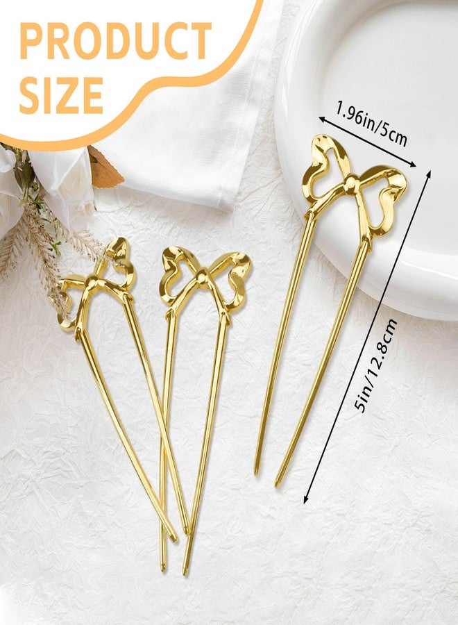 Yitexin 3 Pieces Bow Shape French Twist Hair Pin, Vintage Metal French Hairpin, U Shaped 2 Prong Hair Forks Sticks for Women Girls Bun Updo Hairstyle Accessories (Gold) - Image 2