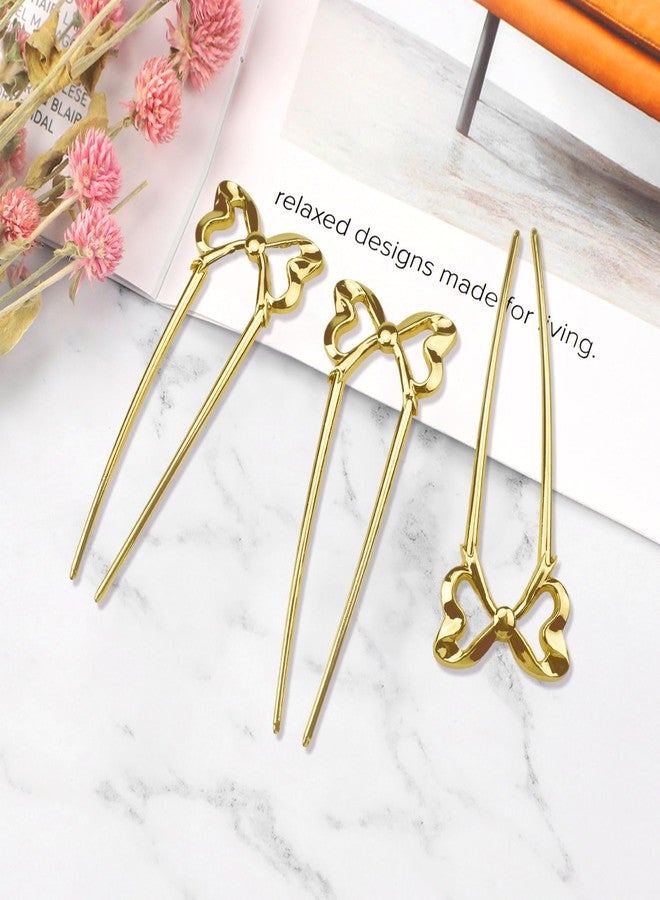 Yitexin 3 Pieces Bow Shape French Twist Hair Pin, Vintage Metal French Hairpin, U Shaped 2 Prong Hair Forks Sticks for Women Girls Bun Updo Hairstyle Accessories (Gold) - Image 4