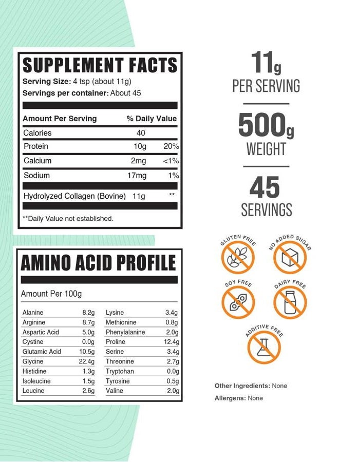 BulkSupplements مسحوق ببتيدات الكولاجين - مسحوق كولاجين من الأبقار، مكمل كولاجين مسحوق - مهدرج وخالي من الغلوتين، 11 جرام لكل حصة، 500 جرام (1.1 رطل) (عبوة من 1) - Image 2