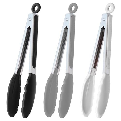 HINMAY 9-Inch Serving Tongs Silicone Tongs, Set of 3 (Black White Gray) - Image 1