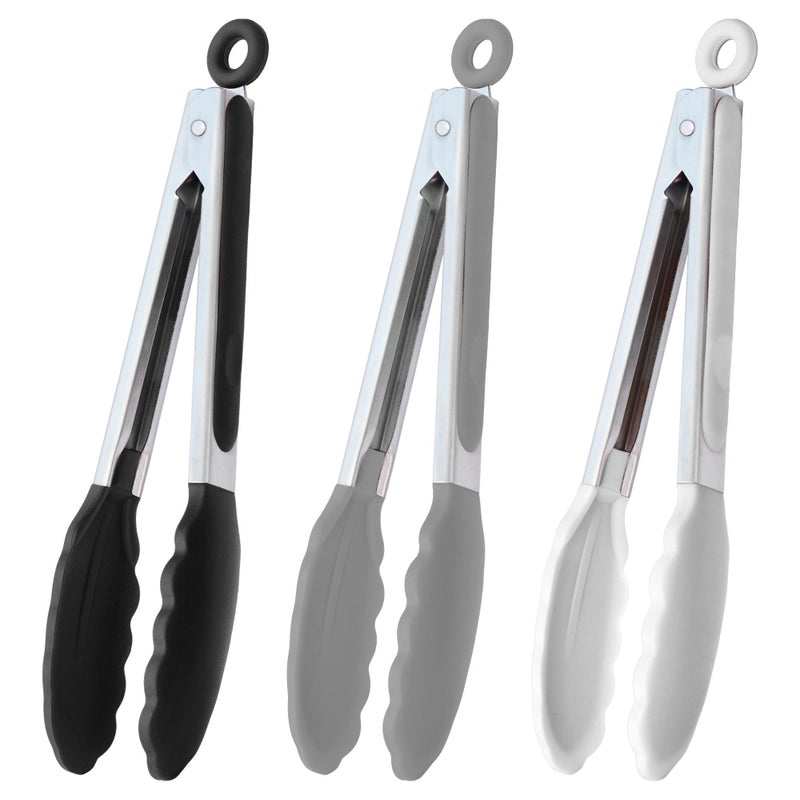 HINMAY 9-Inch Serving Tongs Silicone Tongs, Set of 3 (Black White Gray) - Image 2