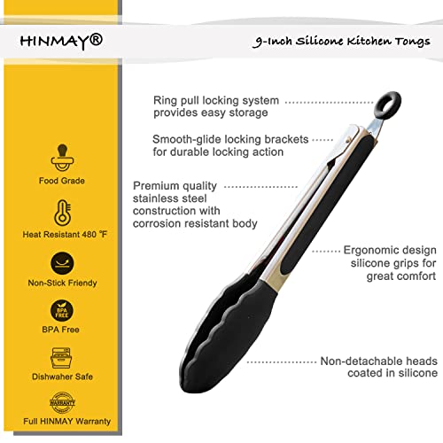 HINMAY 9-Inch Serving Tongs Silicone Tongs, Set of 3 (Black White Gray) - Image 3
