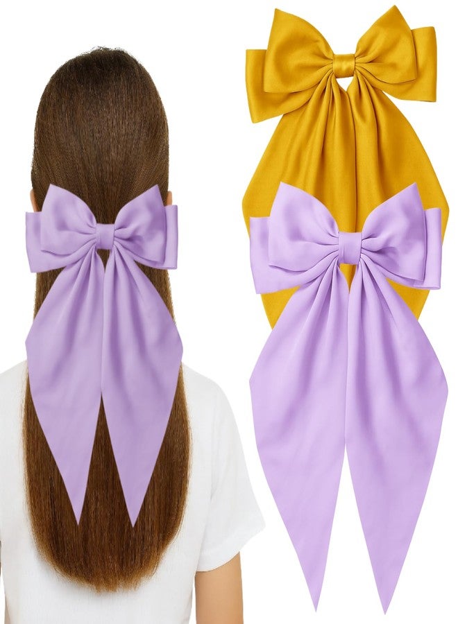 RedChimes 2 Pcs Large Ribbon Hair Bow Clips with Long Tail Bowknot Barrettes Featuring Durable Satin Ribbon and Metal Clips Stylish Hair Accessories for Women, Girls, and Teens (Yellow & Purple) - Image 1