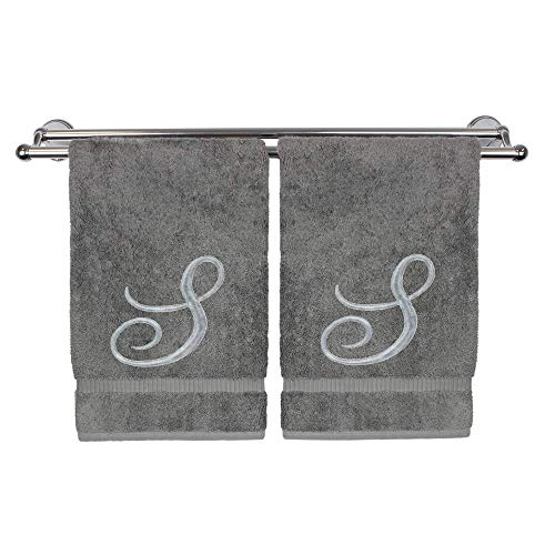 BC BARE COTTON Monogrammed Hand Towel, Personalized Gift, 16 x 30 Inches - Set of 2 - Silver Embroidered Towel - Extra Absorbent 100% Turkish Cotton- Soft Terry Finish - for Bathroom, Kitchen and Spa- Script S Gray - Image 1