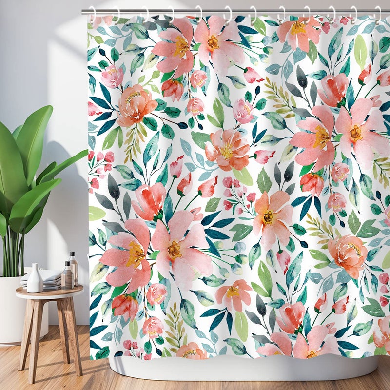 LIVILAN Pink Floral Shower Curtain Flowers with Green Leaf Fabric Bathroom Curtains Set with Hooks Blue and Pink Shower Curtains Blossom Bathroom Decor 72x72 Inches Machine Washable