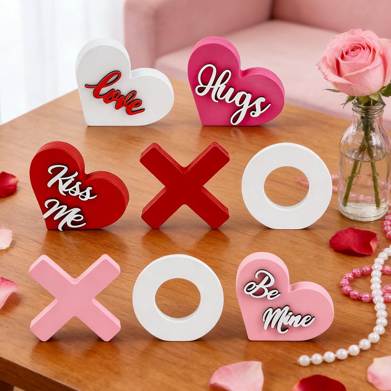 Fangoo 8Pcs Valentine's Day Wooden Heart XOXO Table Signs Valentines Tiered Tray Decorations Freestanding Tabletop Centerpiece Mantel Shelf Office Fireplace Wedding Party Supplies - Image 1
