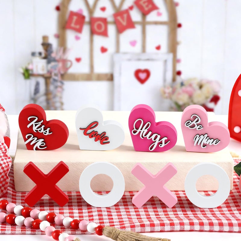 Fangoo 8Pcs Valentine's Day Wooden Heart XOXO Table Signs Valentines Tiered Tray Decorations Freestanding Tabletop Centerpiece Mantel Shelf Office Fireplace Wedding Party Supplies - Image 5