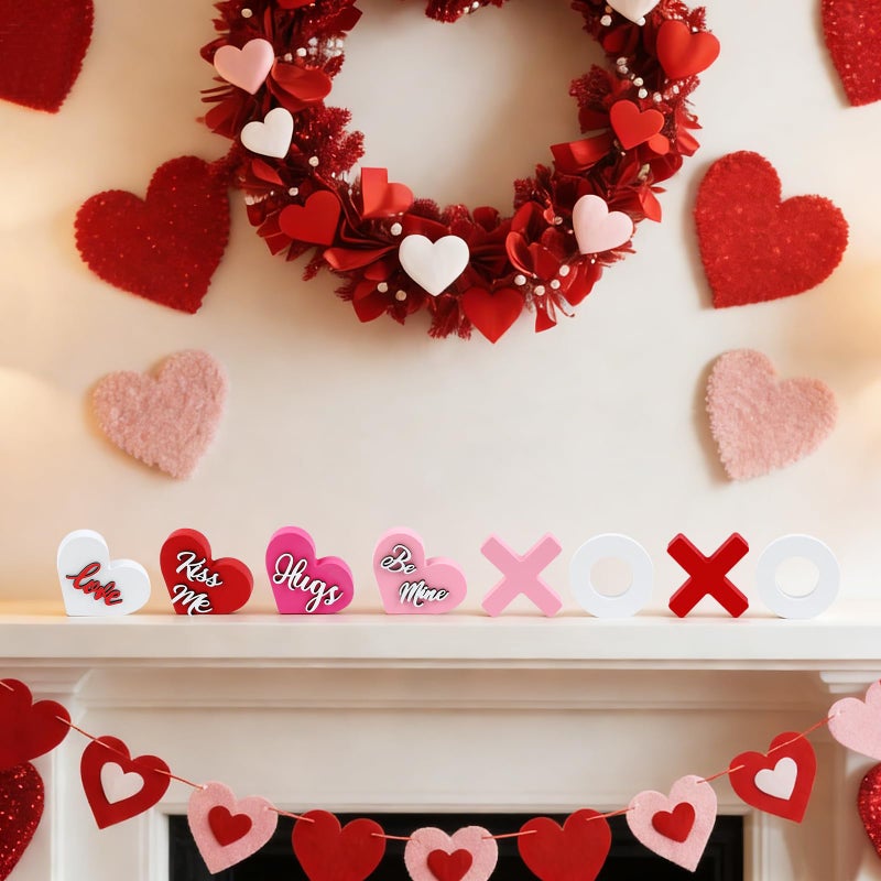Fangoo 8Pcs Valentine's Day Wooden Heart XOXO Table Signs Valentines Tiered Tray Decorations Freestanding Tabletop Centerpiece Mantel Shelf Office Fireplace Wedding Party Supplies - Image 3
