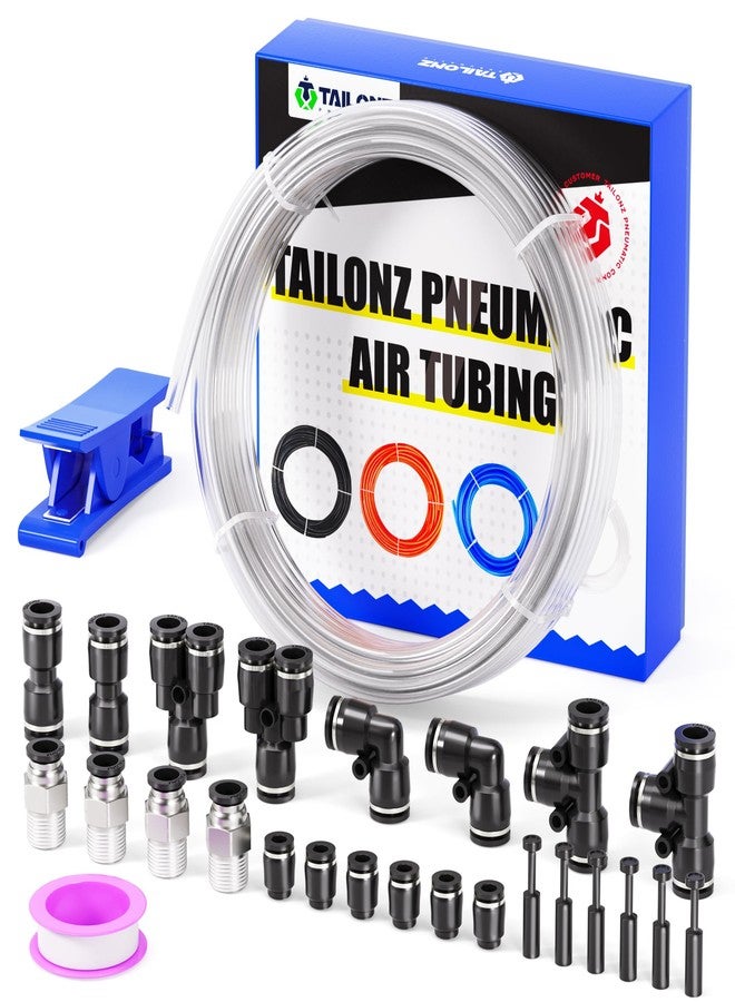 TAILONZ PNEUMATIC Clear 3/8 Inch OD 10 Meter 32.8ft PU Polyurethane Air Tubing Kit Pipe Hose Air Line Tubing Air Hose Fittings Push to Connect Fittings(27PCS) - Image 1