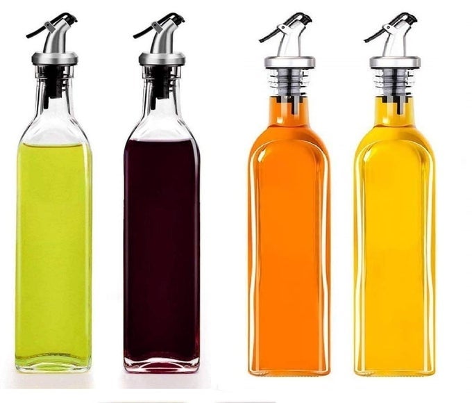 KIDNGTON 500ML CRYSTAL CLEAR SQUARE SHAPED GLASS OIL DISPENSER BOTTLE WITH LEVERRELEASE STOPPER SNAP FLIP TOP LID BOTTLE FOR OLIVE OIL VINEGAR AND SAUCE 500ML PACK OF 4 PCS