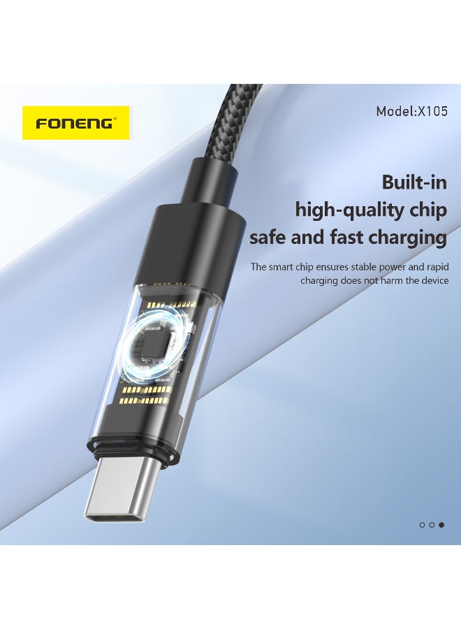 فونينج كابل FONENG X105 - شحن سريع 60w  من type-c إلى type-c ، طول 1.2 متر - كابل نايلون مضفر متين مزود بمؤشرات ضوئية حساسة للشحن وتصميم شفاف فريد - Image 3