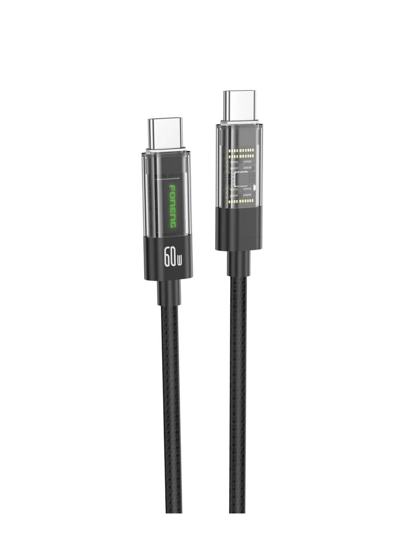 فونينج كابل FONENG X105 - شحن سريع 60w  من type-c إلى type-c ، طول 1.2 متر - كابل نايلون مضفر متين مزود بمؤشرات ضوئية حساسة للشحن وتصميم شفاف فريد - Image 1