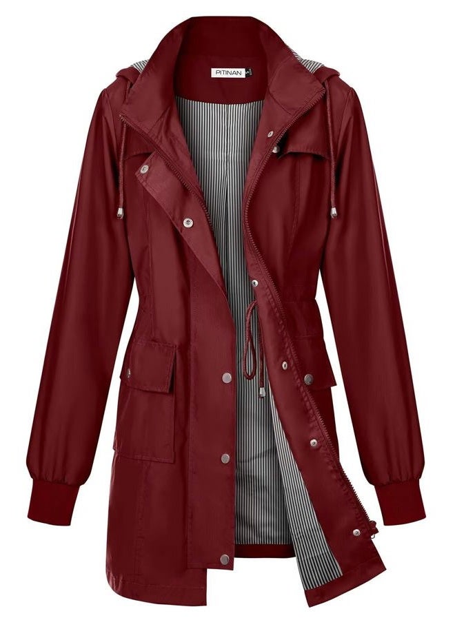 PITINAN Long Rain Coats for Women Waterproof Womens Rain Jacket Lightweight Travel Jacket Raincoats For Adults Women Wine Red M - Image 1