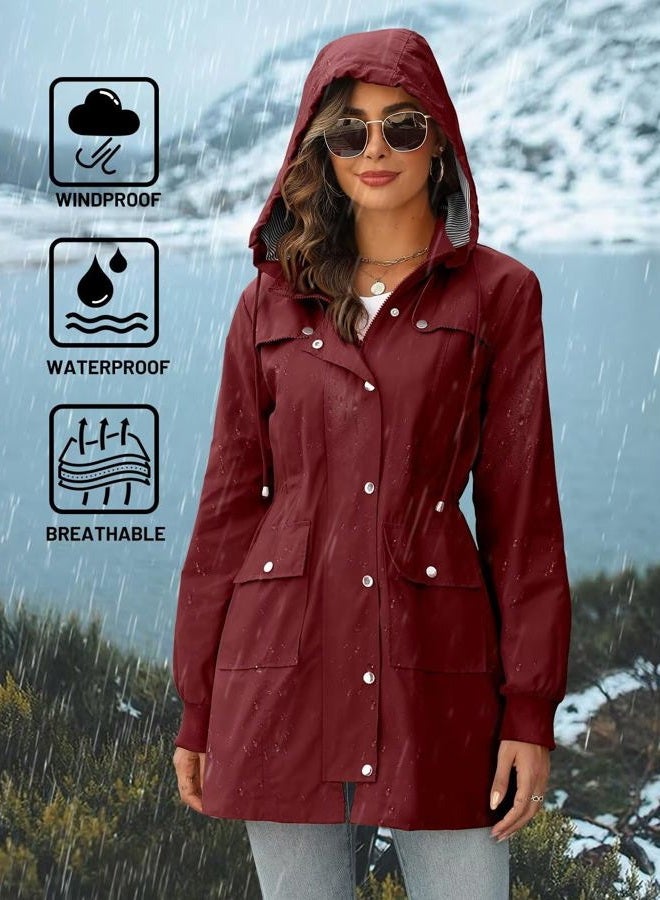 PITINAN Long Rain Coats for Women Waterproof Womens Rain Jacket Lightweight Travel Jacket Raincoats For Adults Women Wine Red M - Image 3