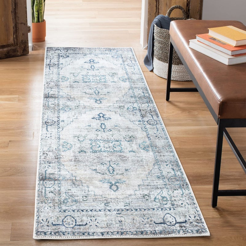 Bloom Rugs Washable Non-Slip 7 Ft Runner - Teal/Beige Traditional Runner For Entryway  Hallway  Bathroom  And Kitchen - Exact Size: 2.5' X 7' - Image 1