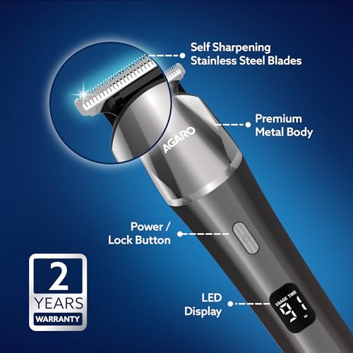 AGARO Royal Beard Trimmer For Men, Hair Trimming, High Precision Trimmer, Cordless, 4 Length Setting Combs, Self Sharpening Stainless Steel Blade, Metal Body, Fast Charging, 120 Minutes Usage, Silver - Image 3