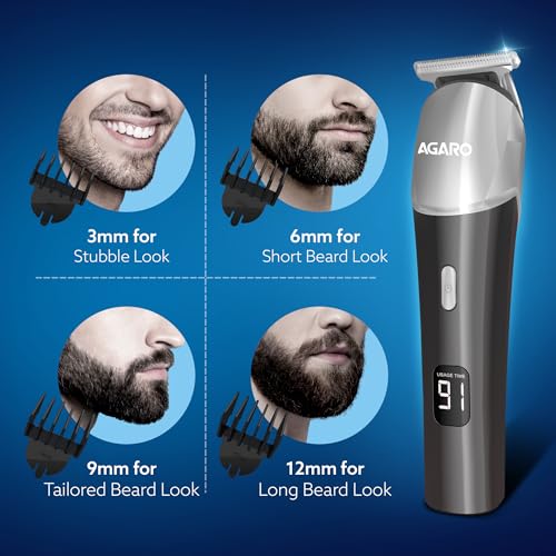 AGARO Royal Beard Trimmer For Men, Hair Trimming, High Precision Trimmer, Cordless, 4 Length Setting Combs, Self Sharpening Stainless Steel Blade, Metal Body, Fast Charging, 120 Minutes Usage, Silver - Image 4