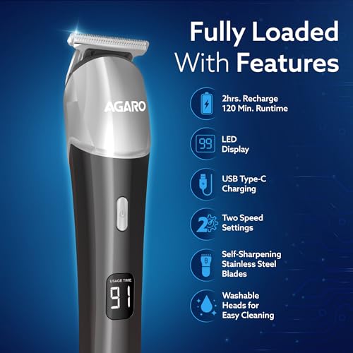 AGARO Royal Beard Trimmer For Men, Hair Trimming, High Precision Trimmer, Cordless, 4 Length Setting Combs, Self Sharpening Stainless Steel Blade, Metal Body, Fast Charging, 120 Minutes Usage, Silver - Image 2