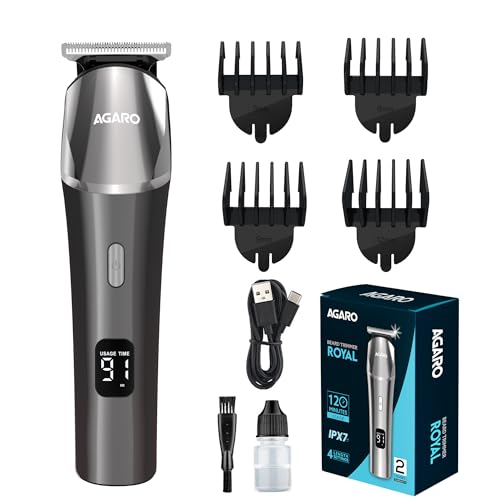 AGARO Royal Beard Trimmer For Men, Hair Trimming, High Precision Trimmer, Cordless, 4 Length Setting Combs, Self Sharpening Stainless Steel Blade, Metal Body, Fast Charging, 120 Minutes Usage, Silver - Image 1