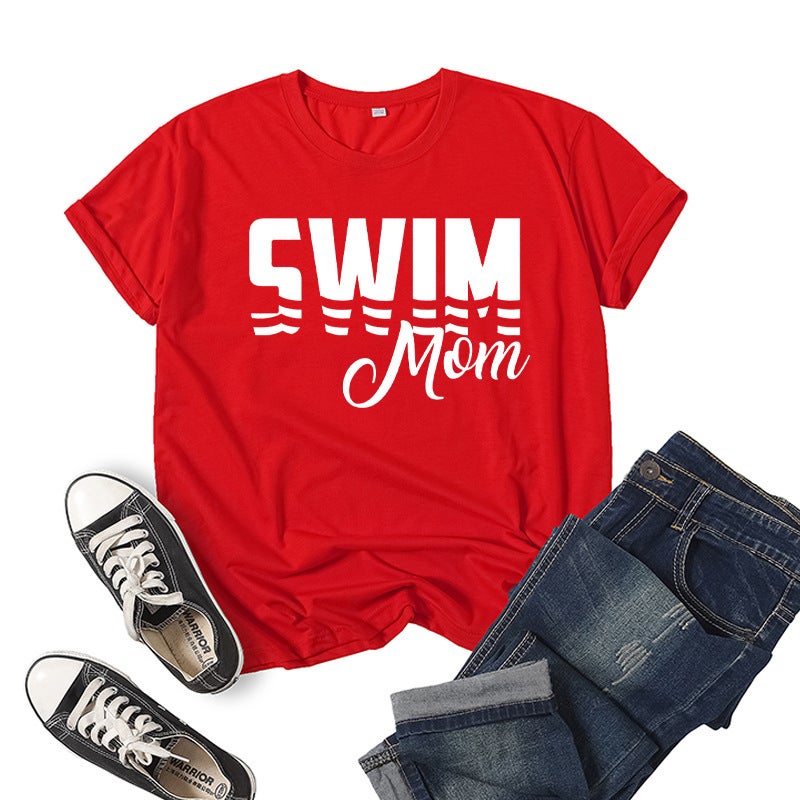 Foreign Trade Cross-border Swimming Mom Swim Mom Printed Short-sleeved Round Neck T-shirt European and American Mens and Womens Top Loose Casual Red 