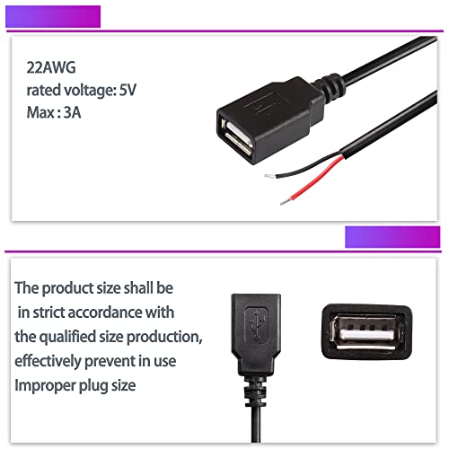 XMSJSIY USB 2.0 Female Pigtail Cable Extension Power Cable 22AWG 5V 3A USB A Socket to 2 Pin Bare Wire Open End Connector for DIY-2 Pcs (1M) - Image 3