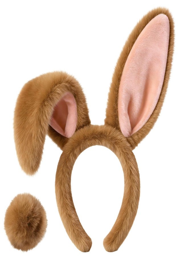 D-Fokes Easter Bunny Ears Headband and Bunny Tail, Rabbit Ears Headband for Halloween Easter Party Cosplay Bunny Hairbands（Brown） - Image 1