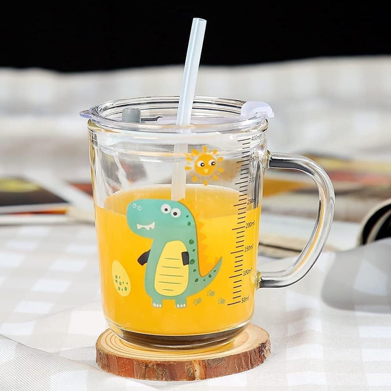 KRIVAZ Glass Tumbler Milk Cup with Silicone Straw and Lid Handle for Kids Dinosaur Printed Glass Mug with StrawJuice and Drinking Mug Pack of 1 350 ml Crocodile - Image 1
