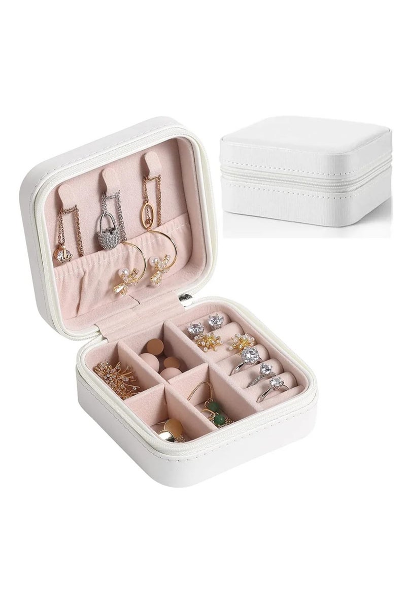 صندوق مجوهرات صغير لتخزين منظم السفر، حافظة جلدية محمولة لعرض الخواتم والأقراط والقلائد والإكسسوارات، هدايا للفتيات والنساء (أبيض) - Image 1