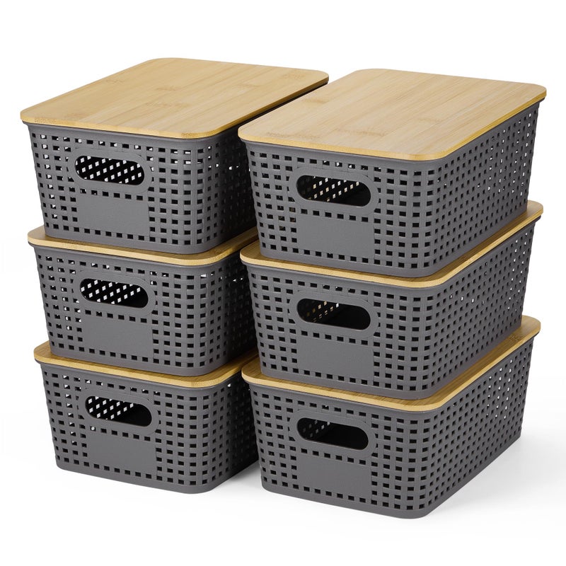 Ohmlove Plastic Storage Baskets With Bamboo Lid - Plastic Storage Containers Stackable Storage bins: Storage Baskets for Organizing Shelves Drawers Desktop Closet Playroom Classroom Office, 6 Pack, Gray - Image 1