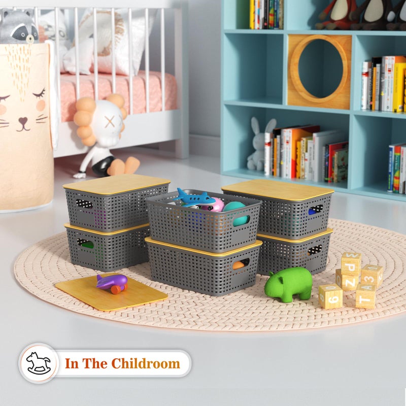 Ohmlove Plastic Storage Baskets With Bamboo Lid - Plastic Storage Containers Stackable Storage bins: Storage Baskets for Organizing Shelves Drawers Desktop Closet Playroom Classroom Office, 6 Pack, Gray - Image 5