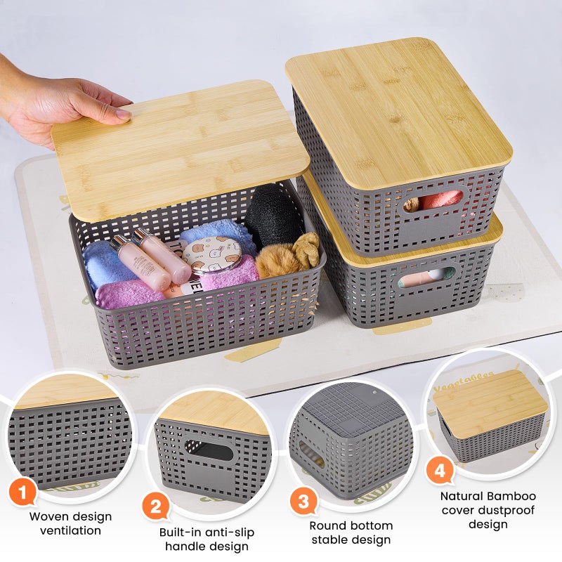Ohmlove Plastic Storage Baskets With Bamboo Lid - Plastic Storage Containers Stackable Storage bins: Storage Baskets for Organizing Shelves Drawers Desktop Closet Playroom Classroom Office, 6 Pack, Gray - Image 3