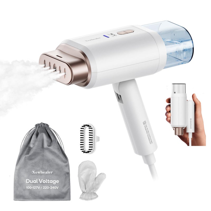 Newbealer جهاز بخار الملابس ثنائي الجهد من نيوبيالر 120 فولت/220 فولت 1200 واط بخار قوي للملابس للاستخدام المنزلي والسفر بخار أفقي ورأسي تسخين خلال 20 ثانية قابل للطي 172 رطل 180 مل ذهبى