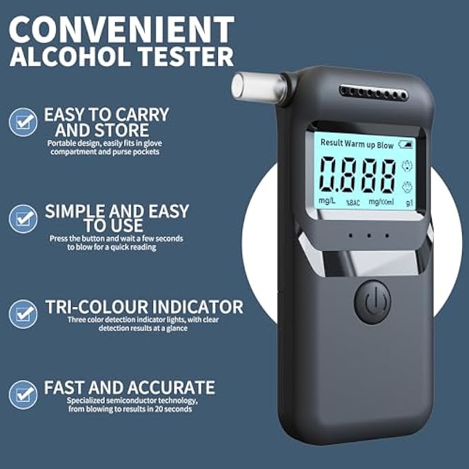 rayihni Certified Portable Alcohol Test with Blue LCD Digital Display, Grade Precision Alcohol Tester with 10 Replaceable Mouthpieces for Home Use and Personal Testing - Image 3