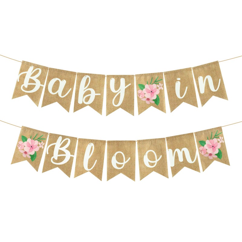 ANGOLIO 2Pcs Floral Baby in Bloom Baby Shower Burlap Banner Decoration Wall Hanging Floral Banner Decor Pattern With Rope Baptism Wall Hanging Sign Decor Theme Party Indoor Decorations - Image 2