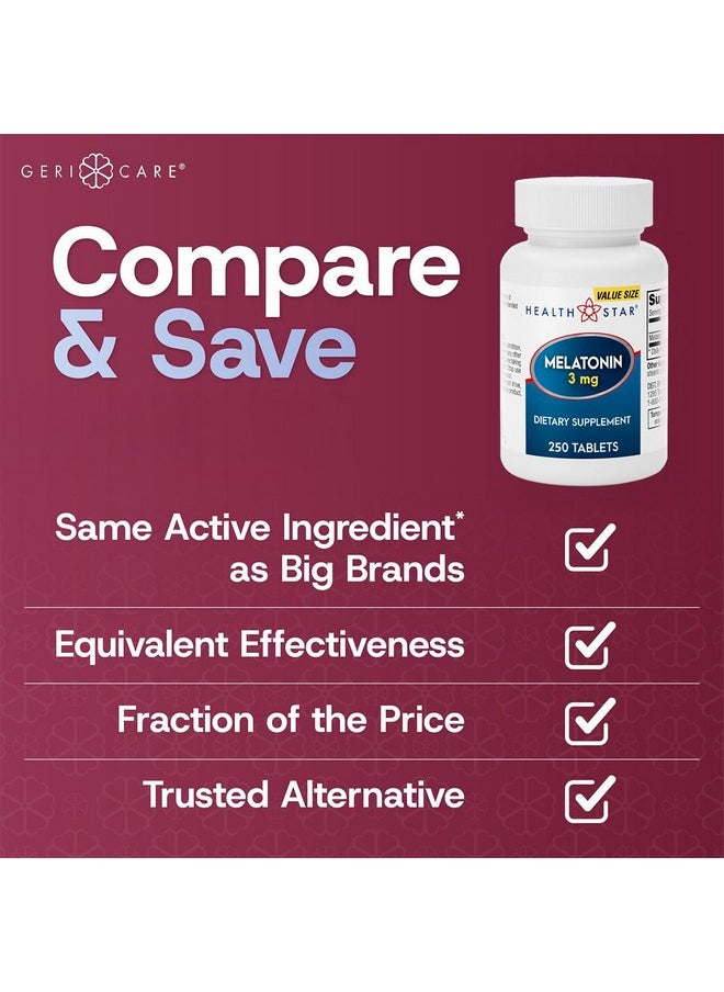 GeriCare Melatonin 3mg Tablets, Balances Nighttime Routine - Helps Adjust to Changing Schedules - Promotes Restful Evenings - Easy-to-Take Tablets, 250 Count (Pack of 1)