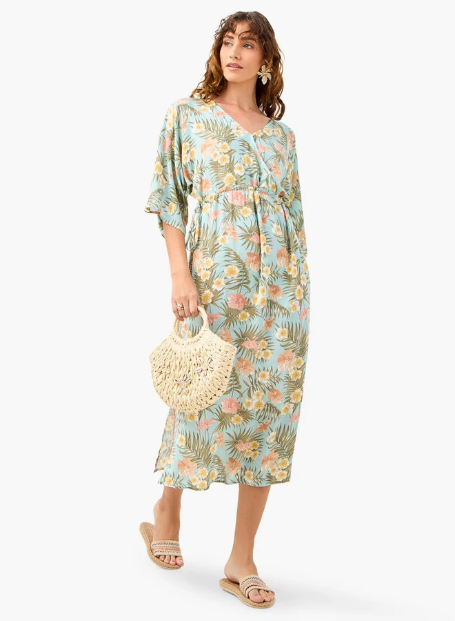 Splash FAV Floral Print Dress with V-neck and Tie-Up Detail
