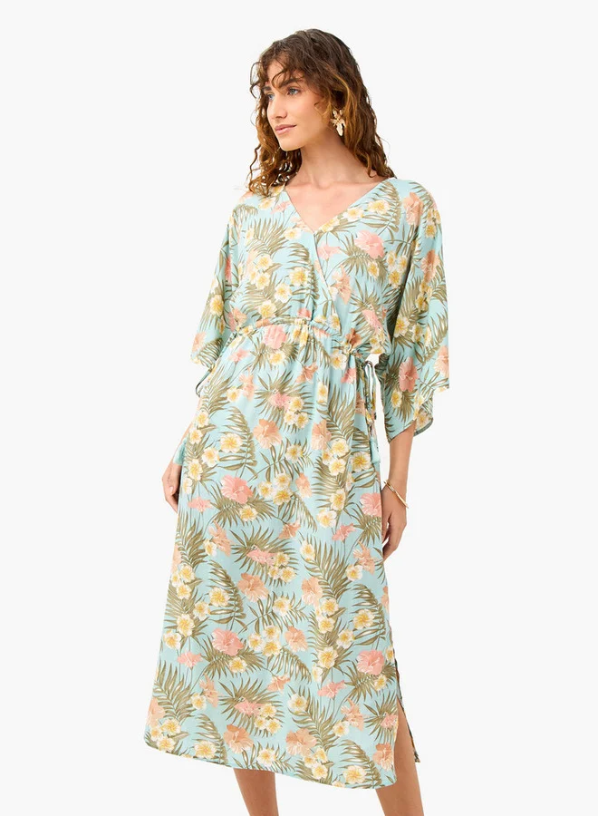 Splash FAV Floral Print Dress with V-neck and Tie-Up Detail