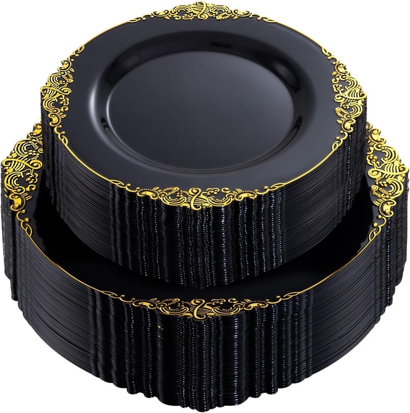 Joyido 102PCS Black and Gold Plastic Plates - Black Disposable Plates - Heavyweight Disposable Plate with Gold Rim - Fancy Dinner & Dessert Plate for 51 Guests Weddings & New Year Party - Image 1