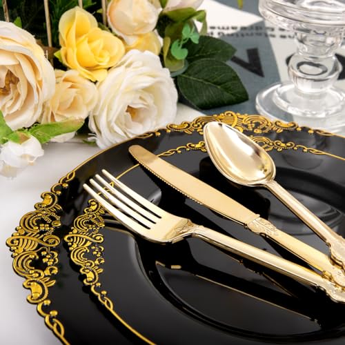 Joyido 102PCS Black and Gold Plastic Plates - Black Disposable Plates - Heavyweight Disposable Plate with Gold Rim - Fancy Dinner & Dessert Plate for 51 Guests Weddings & New Year Party - Image 3