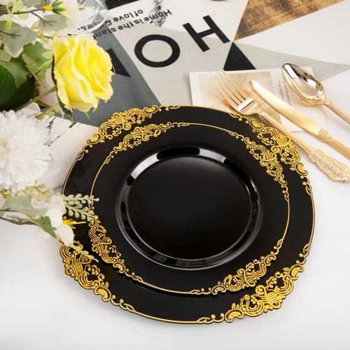 Joyido 102PCS Black and Gold Plastic Plates - Black Disposable Plates - Heavyweight Disposable Plate with Gold Rim - Fancy Dinner & Dessert Plate for 51 Guests Weddings & New Year Party - Image 2