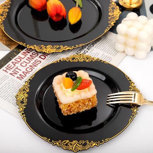 Joyido 102PCS Black and Gold Plastic Plates - Black Disposable Plates - Heavyweight Disposable Plate with Gold Rim - Fancy Dinner & Dessert Plate for 51 Guests Weddings & New Year Party - Image 4