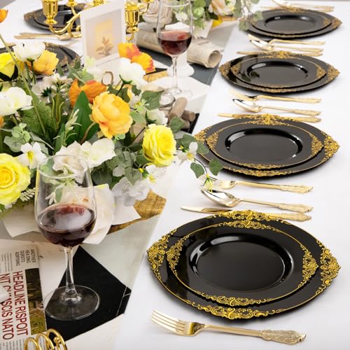Joyido 102PCS Black and Gold Plastic Plates - Black Disposable Plates - Heavyweight Disposable Plate with Gold Rim - Fancy Dinner & Dessert Plate for 51 Guests Weddings & New Year Party - Image 5