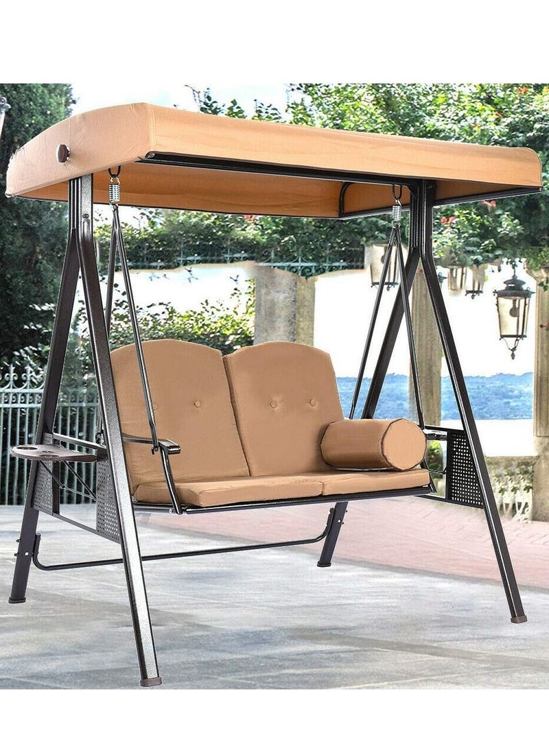 Generic 2-Seater Swing Patio with Weather Resistant Steel Frame, Adjustable Tilt Canopy, Cushions and Pillow Included, Beige - Image 1